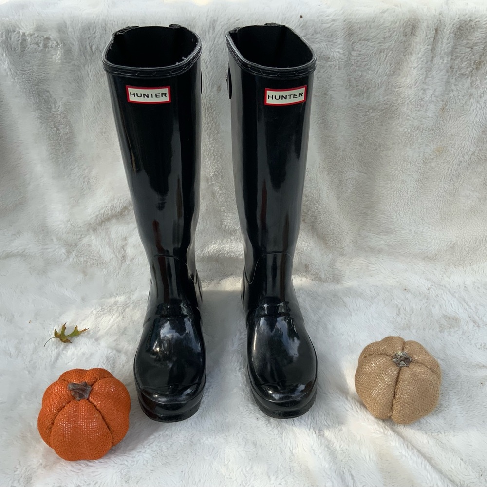 Hunter Tall Wide Calf Rain Boots Black Glossy